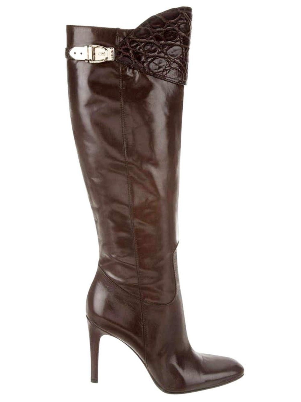 GUCCI FW 2005 Chocolate Brown Leather & Crocodile Runway Knee High Boots Vintage